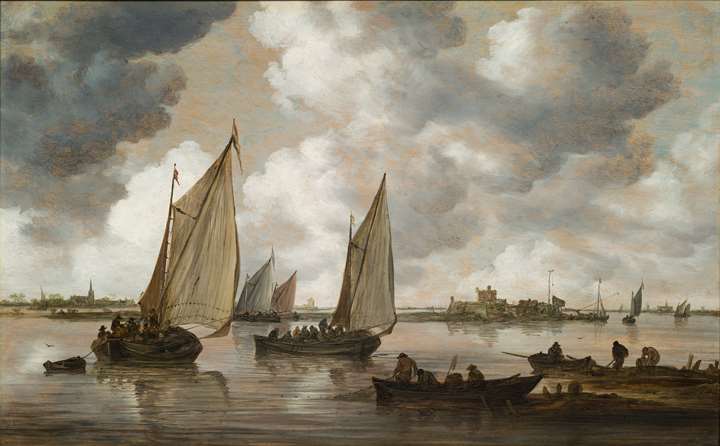 Ships in Dordrecht harbour with the ruins of Huis te Merwede in the background.